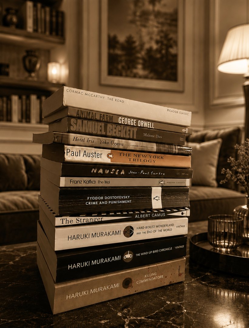 A stack of well-read books in a lamplit room