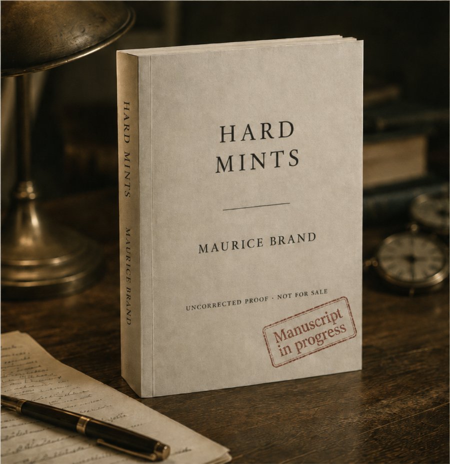 An advance proof paperback of Maurice Brand's novel resting on a writing desk